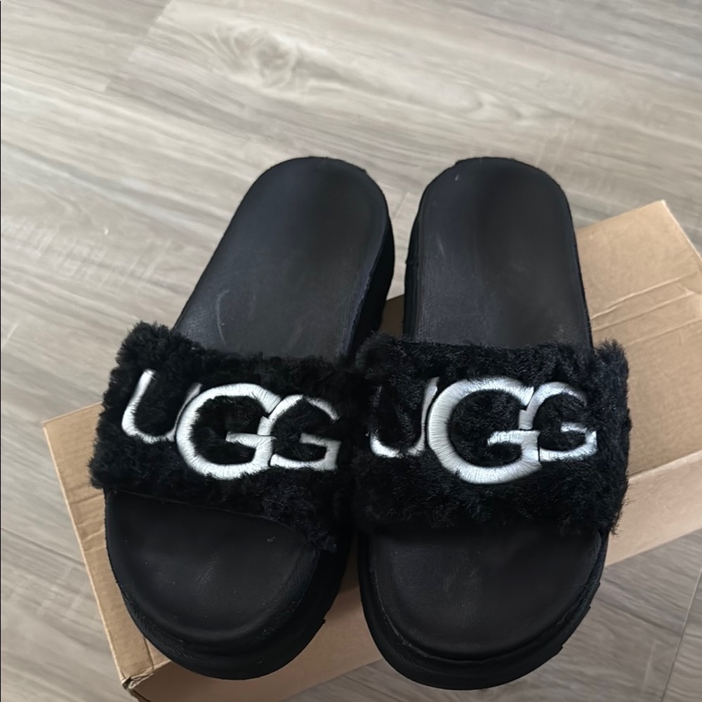 UGG Black Fluffy Slippers with Plush Sheepskin